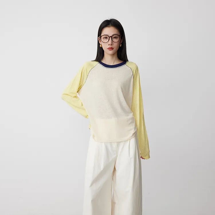 【末末专属】ATUMU T恤系列 圆领撞色拼接宽松打底长袖上衣AT399