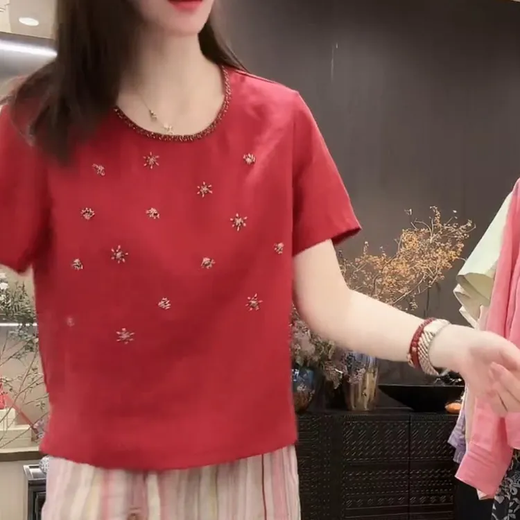 2025新款夏季时尚气质显瘦百搭朵花短袖T恤上衣女LK2503076