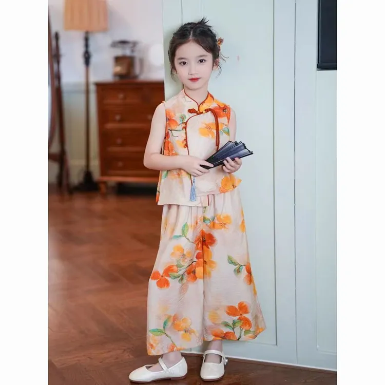 【不易皱缩】新款新中式洋气女童套装网红国风盘扣汉服无袖碎花上衣