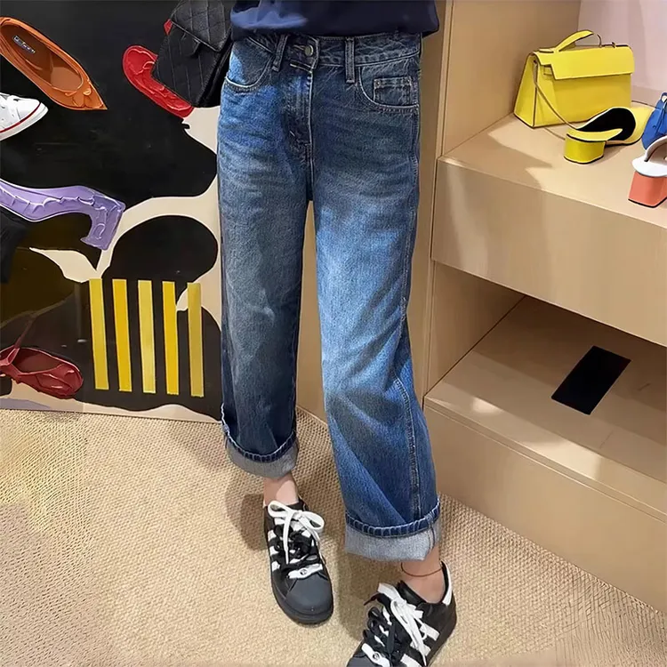 梦茹萱高腰直筒洋气百搭法棍裤女2025秋季新款胖mm显瘦遮肉牛仔裤