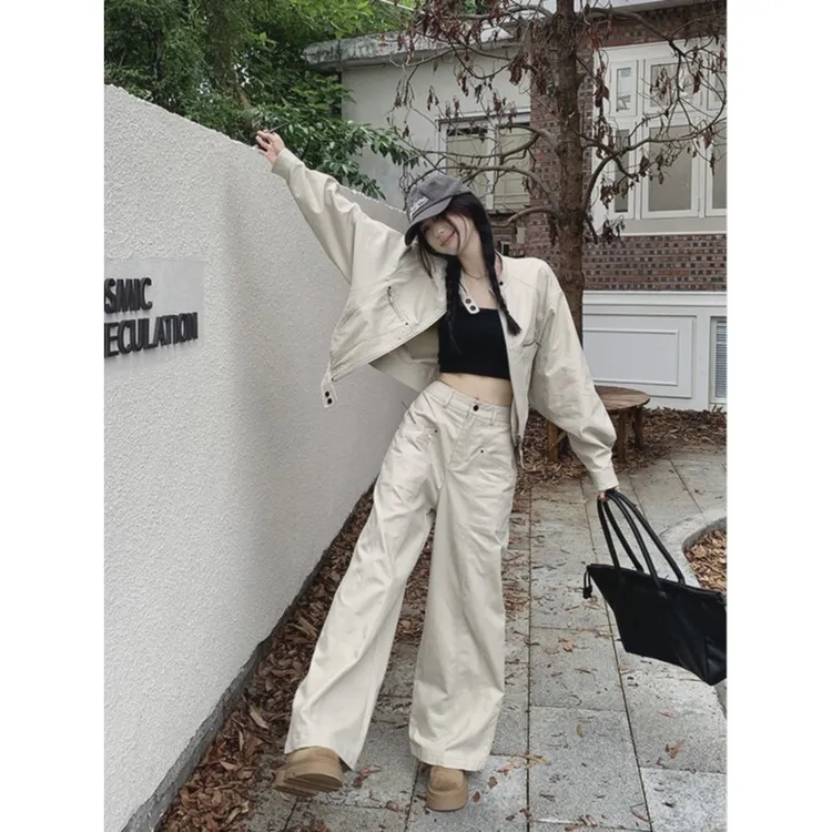 短款长袖工装外套甜酷设计感高腰阔腿长裤女秋季2024新款时尚套装