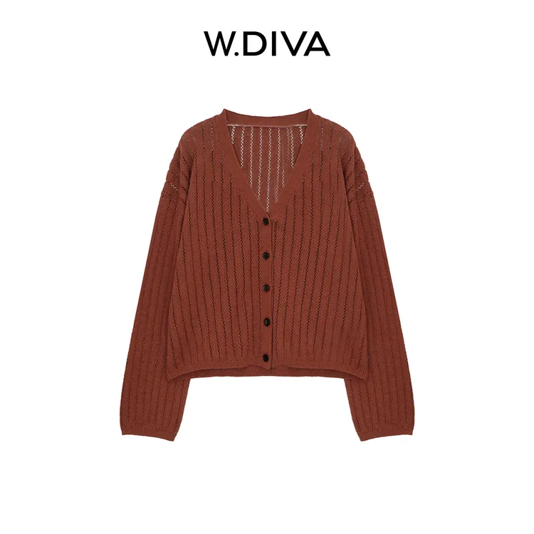 W.Diva【温挽间奏】进口棉麻镂空透气V领防晒针织开衫慵懒52Z112291