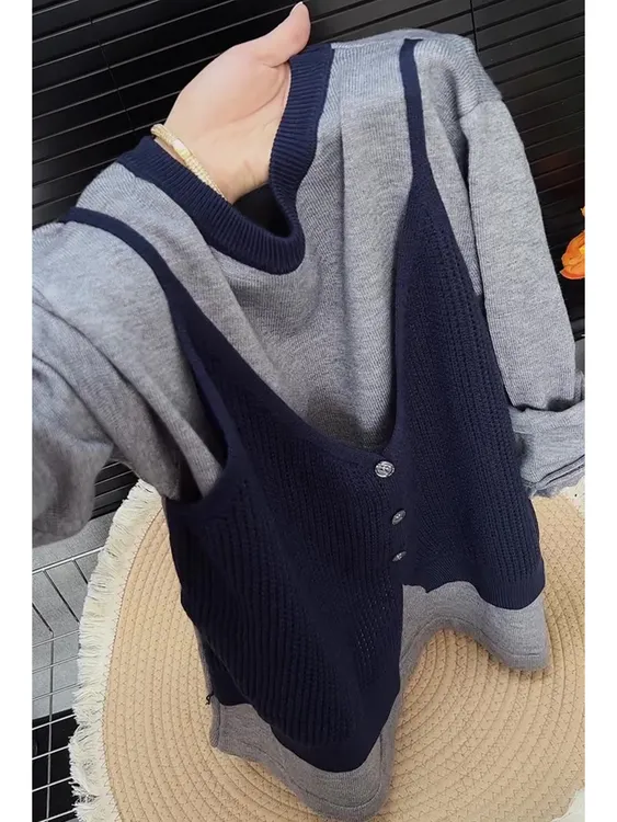 欧货小众针织衫长袖假两件女秋季新款洋气百搭慵懒风高级感毛衣潮
