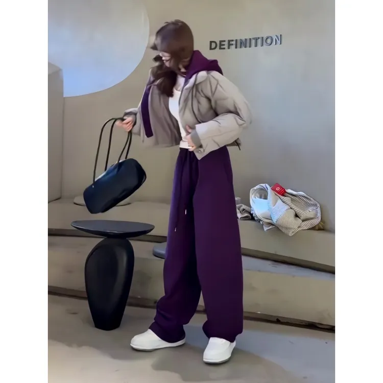 2025新款巨好看短款套装设计感紫色冬棉服外套冬季棉袄裤子两件套