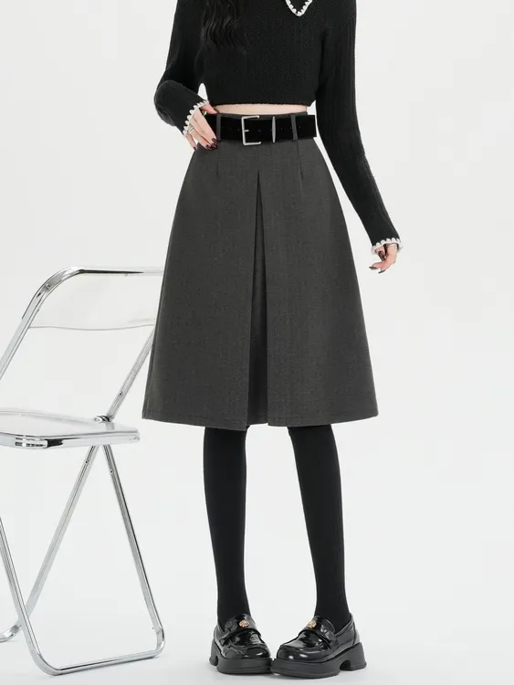 韩系秋冬新款休闲毛呢半身裙女高腰显瘦气质百搭设计单褶a字中裙