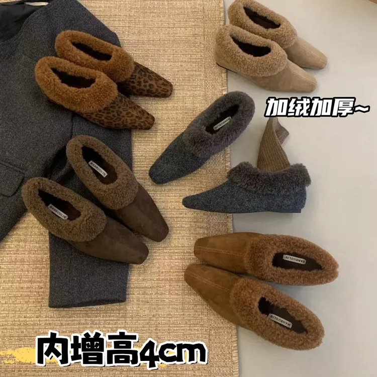 法式小香风4CM内增高加绒玛丽珍鞋女秋冬一脚蹬厚底毛毛鞋豆豆鞋