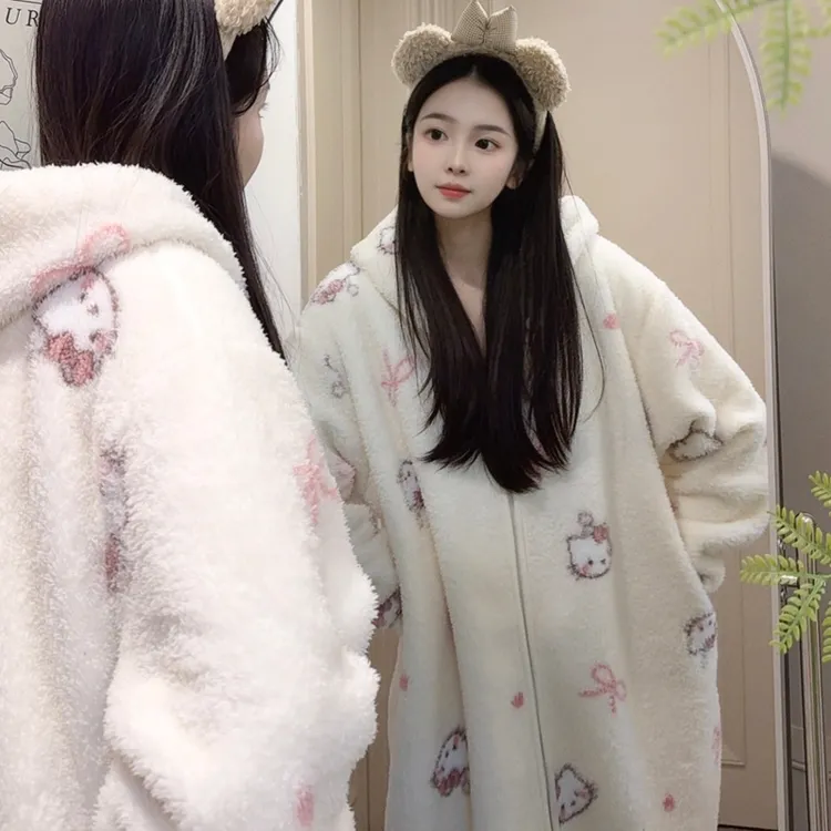 【熙熙家】冬季被窝睡衣女超长睡袍米粒绒加厚保暖家居服睡袍连帽