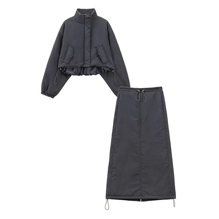 夹棉加厚保暖立领工装长袖棉服外套高腰半身裙女2025冬季时尚套装