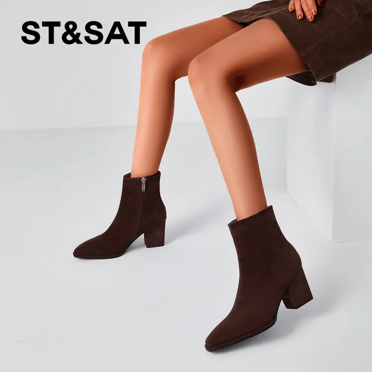 St&Sat/星期六秋冬法式气质侧拉链短靴高跟粗跟星期六长筒女靴