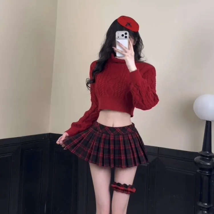 龙牙童推荐【圣诞限定】针织秋冬甜美时尚套装短款红色格子韩版辣妹