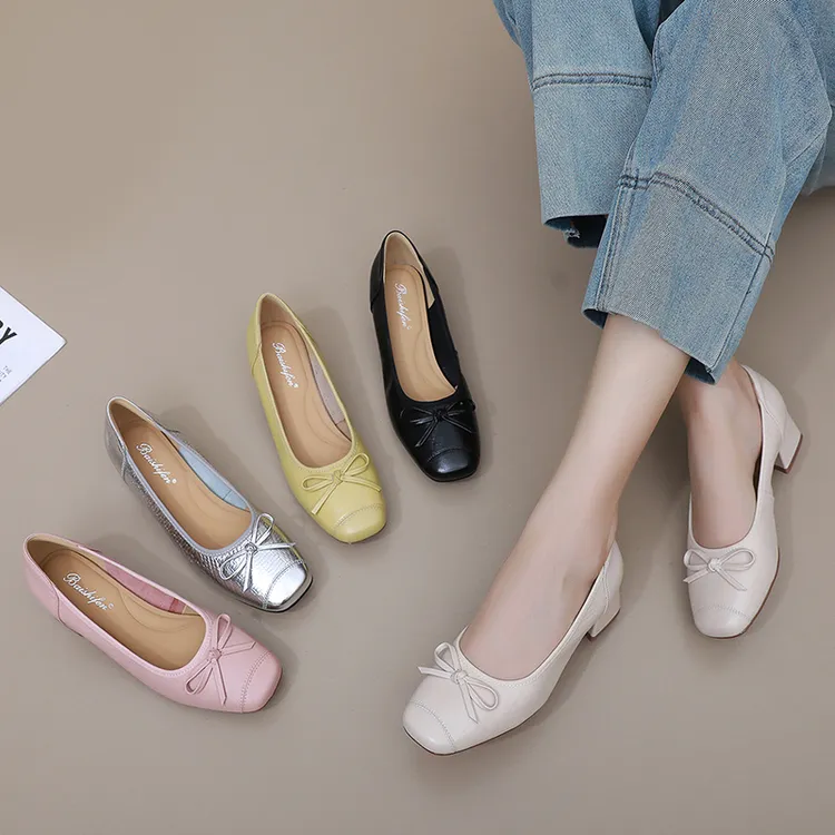 真皮女鞋方头浅口单鞋春夏季时尚蝴蝶结中跟粗跟皮鞋舒适大码鞋子
