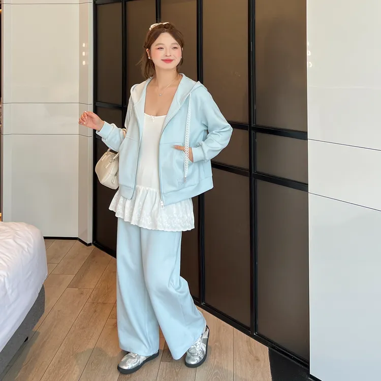 【秋季新款】大码百分百秋花边吊带内搭韩系休闲连帽卫衣套装1764