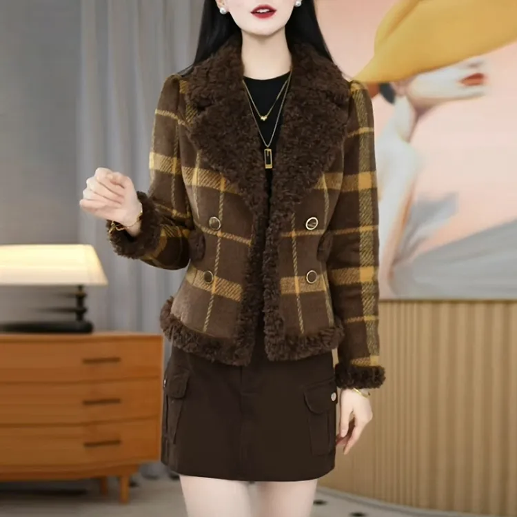 麦尔登绒加绒加厚短款外套女2025冬季新款时尚格纹保暖小个子上衣