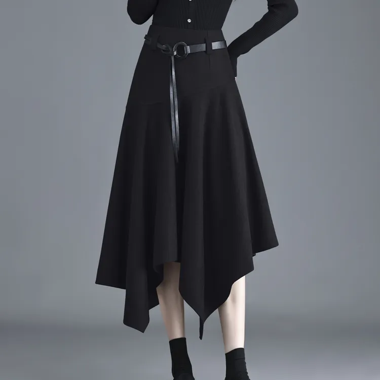 不规则毛呢半身裙女2025秋冬新款显瘦遮肉中长A字裙大摆裙