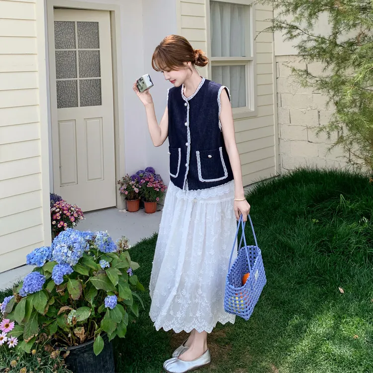 复古牛仔马甲蕾丝半身裙套装2025女夏新款韩系松弛感穿搭两件套潮
