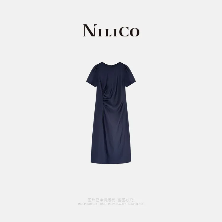 NILICO【澜心】法式优雅圆领气质百搭褶皱收腰缎面轻奢连衣裙夏季