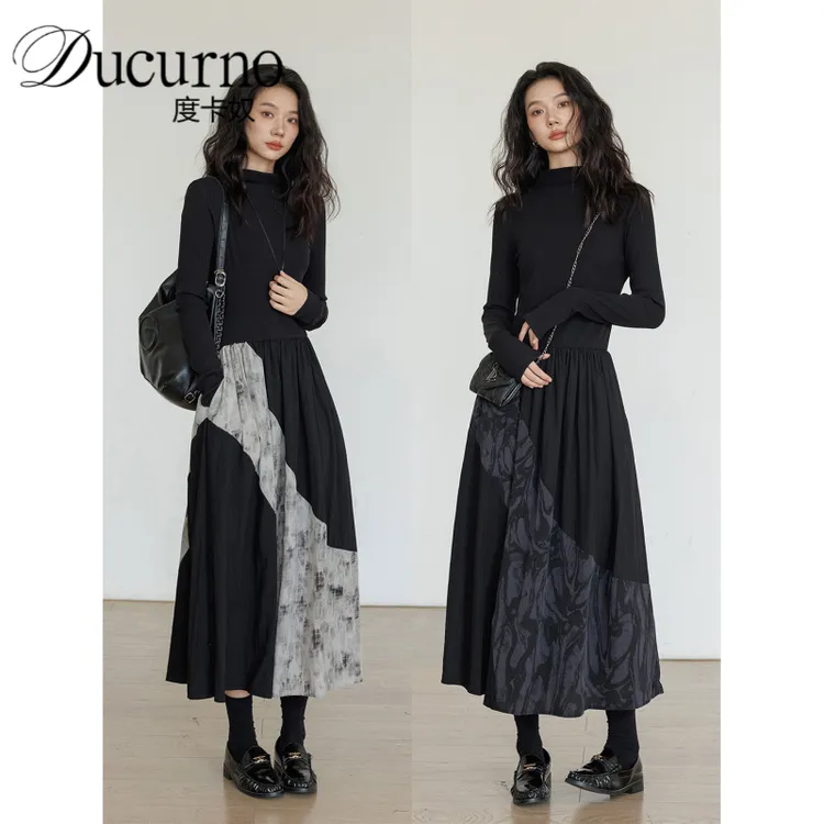 文艺通勤拼接a字连衣裙女2025新款秋季设计感清冷感气质显瘦长裙