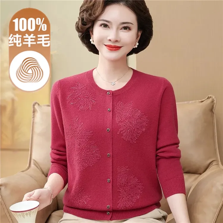 100%纯羊毛衫毛衣外套女秋装中老年妈妈本命年红色大码针织开衫