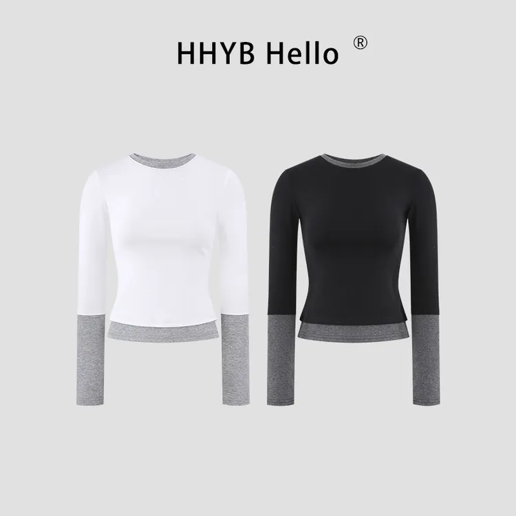 HHYB Hello撞色拼色假两件打底衫弹力修身显瘦长袖上衣T恤250992