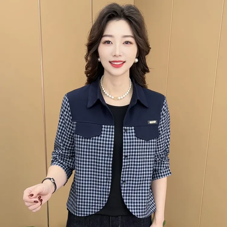 秋季新款翻领格子拼接假两件气质妈妈装休闲百搭长袖上衣K2560