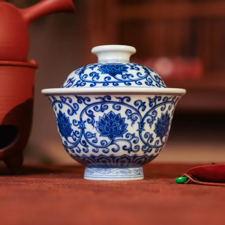 正德御窑刘建锋窑金刚莲压手盖碗茶瓷喝茶品茗饮茶纯手工中式盖碗