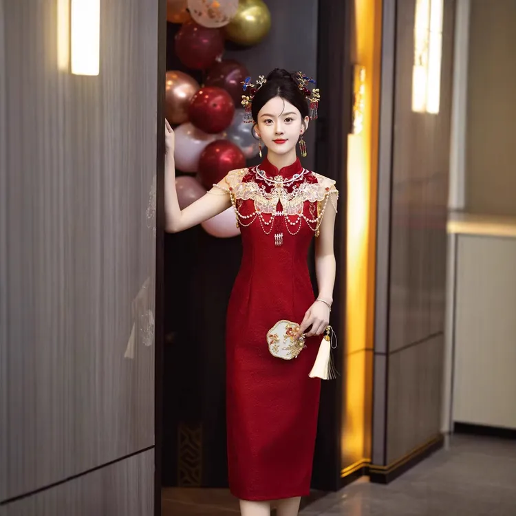 新款新中式夏季出阁改良古法全开襟旗袍敬酒服新娘礼服旗袍订婚