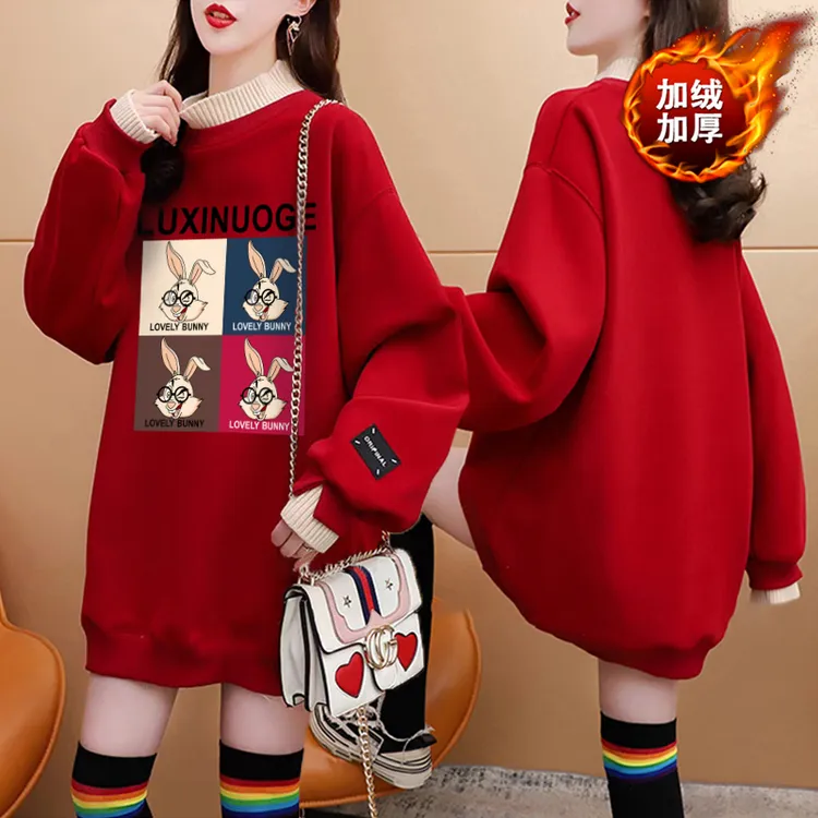 半高领假两件加绒加厚红色卫衣女秋冬新款韩版宽松百搭设计感上衣