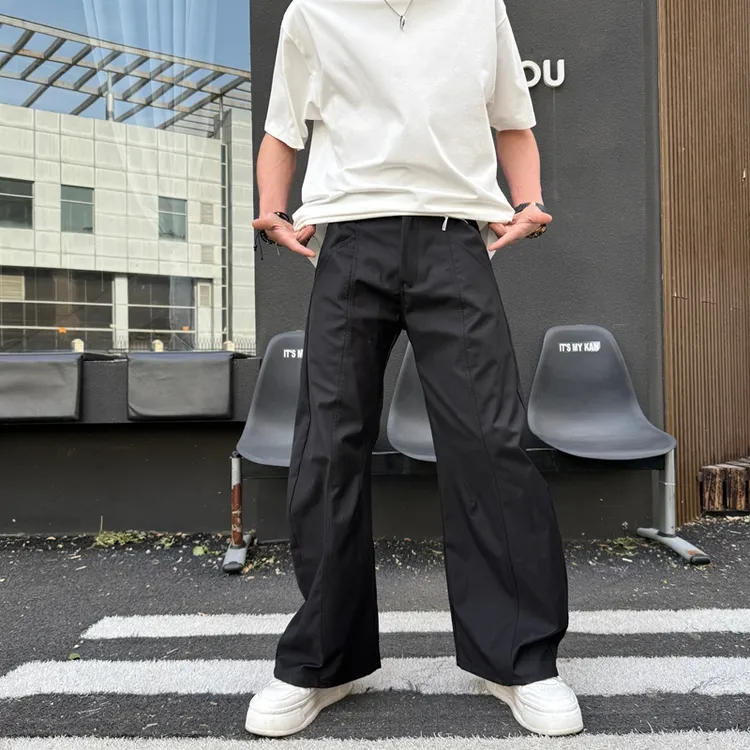 2025春夏新款速干休闲裤拼接纯色轻薄透气直筒裤潮流垂感阔腿长裤