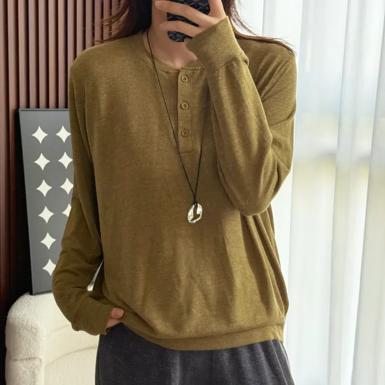 NANA【如意】秋季慵懒风套头亨利领长袖T恤女宽松显瘦C0457