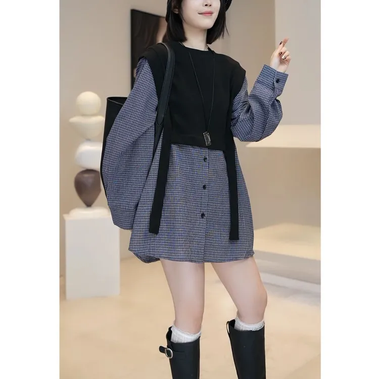 2026春季新款时尚假两件长袖格子衬衫女设计感大码宽松显瘦衬衣衫