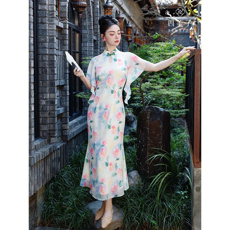 四美子【生如夏花】新中式披肩荷叶袖清爽印花鱼尾旗袍裙连衣裙