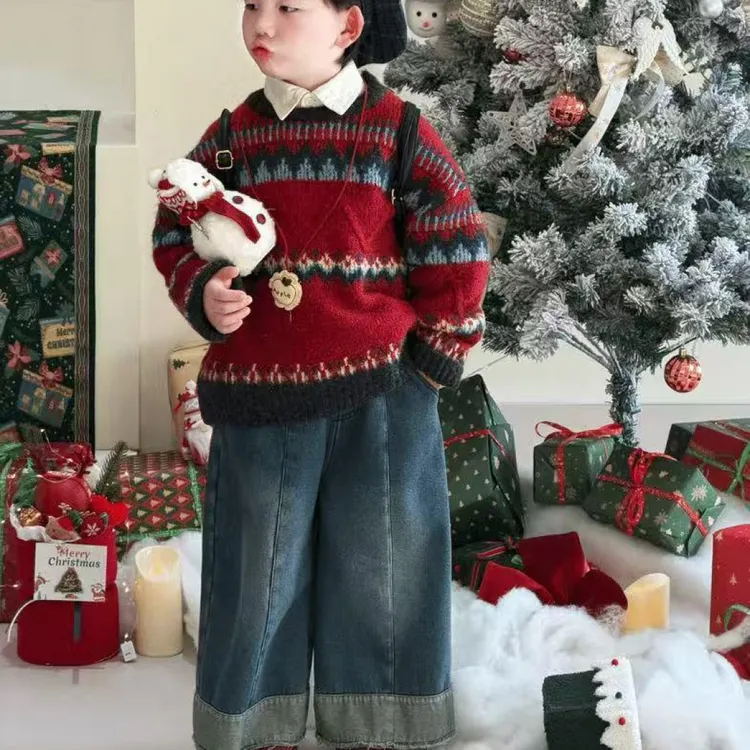 儿童新款韩版冬季圣诞套装男童洋气新年红毛衣加绒牛仔裤两件套潮