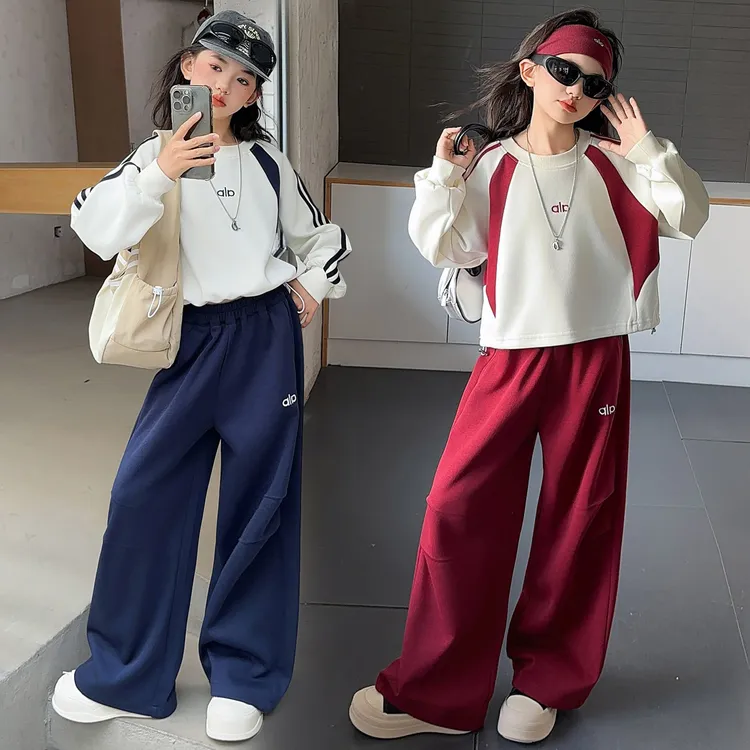 女童双色三条杠卫衣套装春秋2025新款时髦初中生休闲运动风两件套