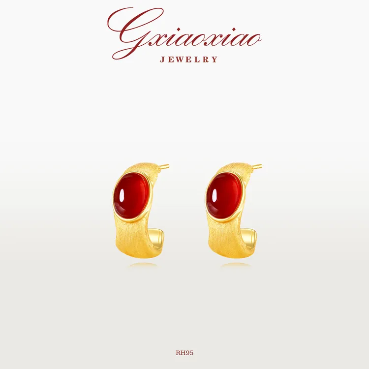 铜合金耳饰 G XIAOXIAO 镀K金 法式气质复古高级百搭红色耳环RH95