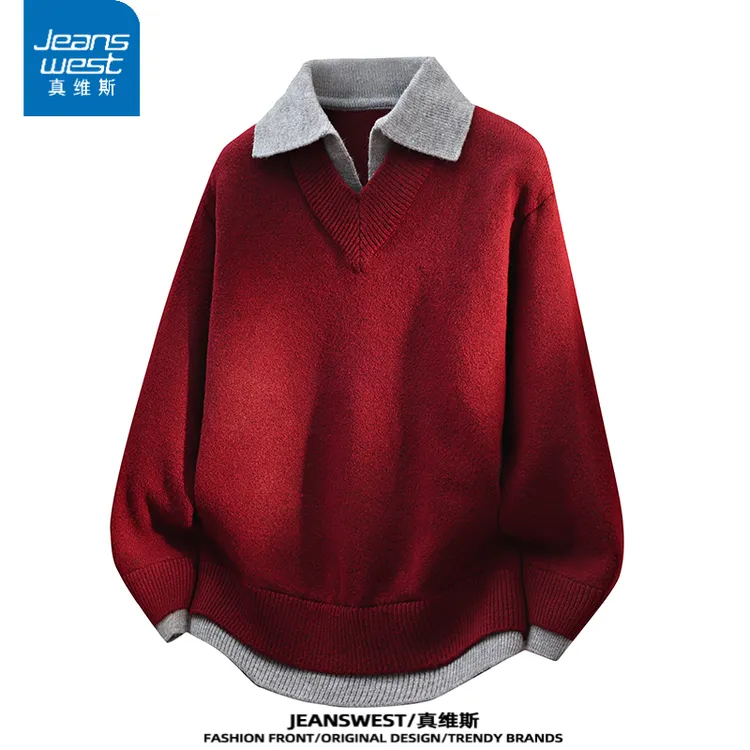 真维斯高级感假两件翻领毛衣男士秋冬季加厚保暖时尚休闲针织衫男