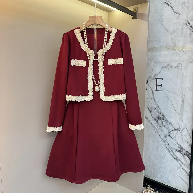 2025早秋时尚百搭洋气圆领外套+裙子显瘦胖mm小香风两件套10202