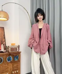 【沐木流浪记】（未初）粉色图形连帽四兜时尚女装风衣外套z