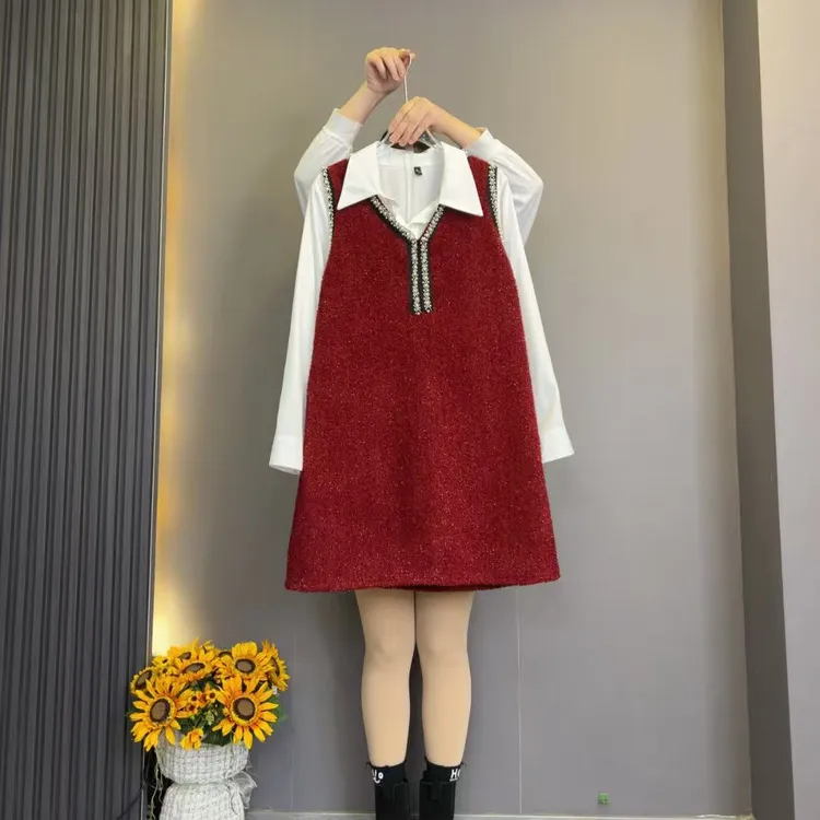 2480法式背心亮闪闪连衣裙+气质打底衫两件套大码女装（裙长88）