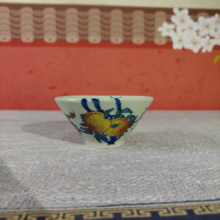 景德镇陶瓷黄稀土陶瓷九桃五福主人杯斗笠杯柴窑手绘品茗杯茶具