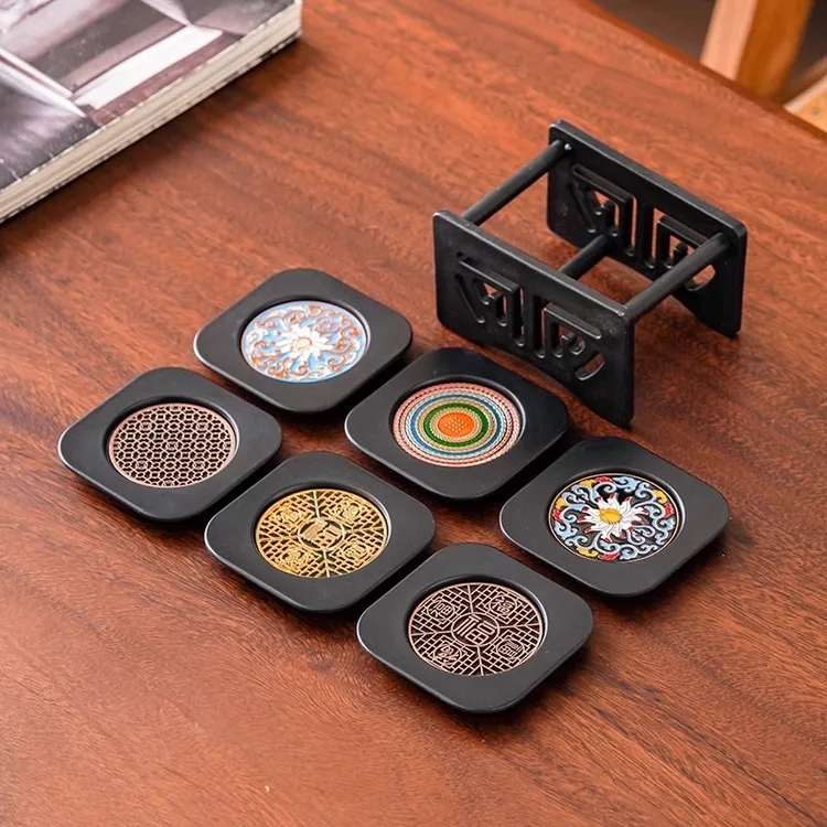 中式高档杯垫四方珐琅彩茶杯托家用方形茶桌防滑隔热垫六个收纳装