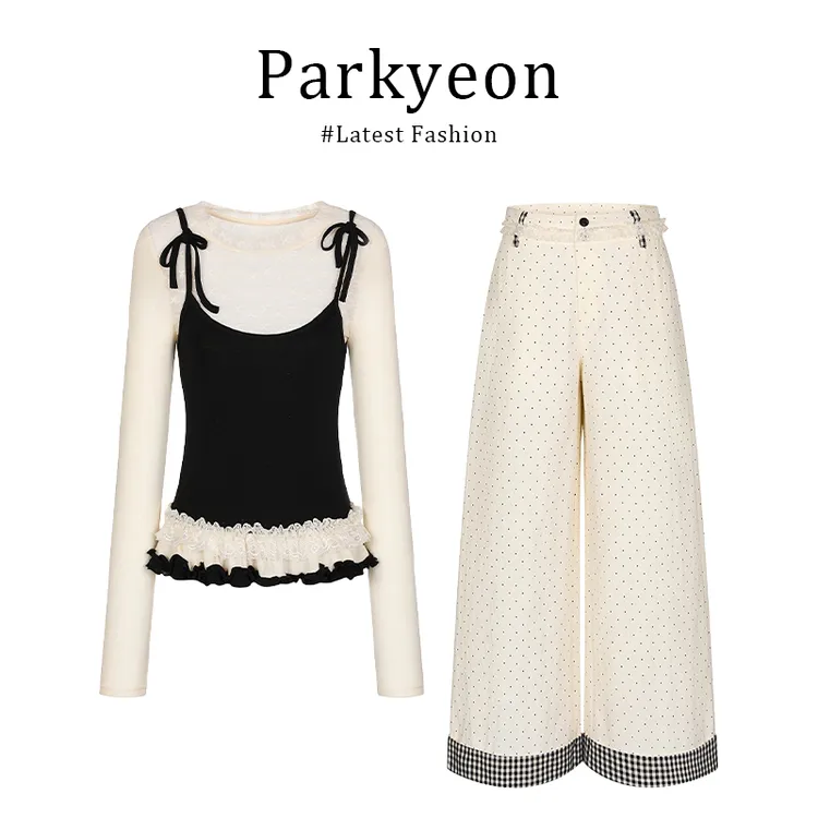 韩系可爱减龄杏色拼接假两件长袖t恤上衣波点裤子两件套装女春秋