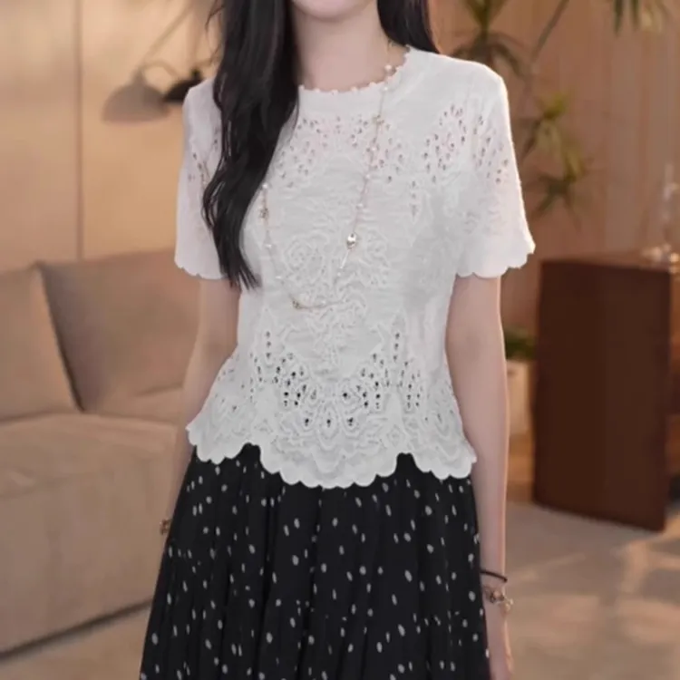 高端钩花镂空短袖上衣夏季薄款胖MM大码女装法式ins不规则针织衫