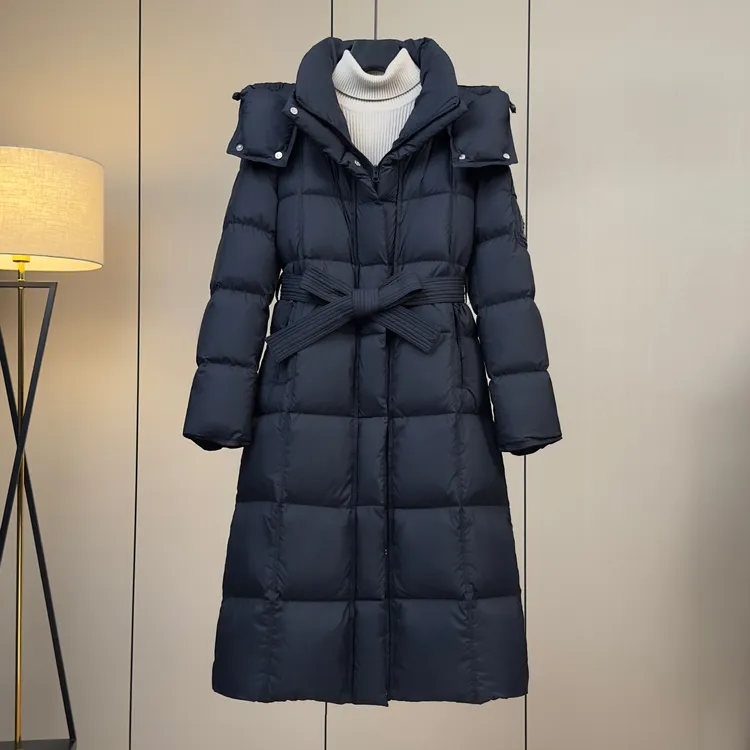 高端轻奢长款过膝羽绒服女加厚收腰显瘦90白鸭绒冬季防寒连帽外套