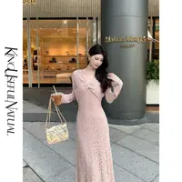 KUN【凯茜的情书】温柔女人 秋冬扭结两件套浅粉紫针织连衣裙套装