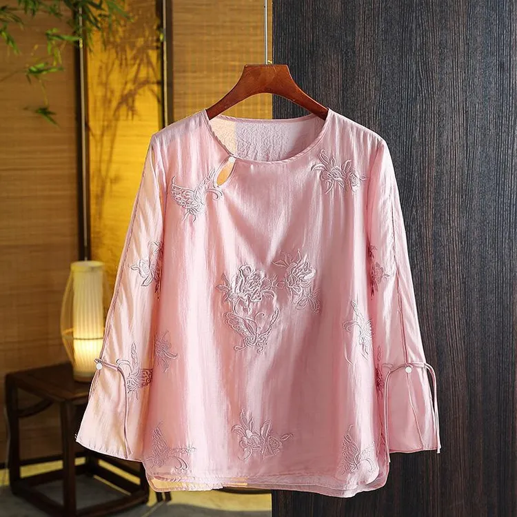 改良唐装中国风春季长袖中式刺绣时尚复古衬衫圆领旗袍上衣