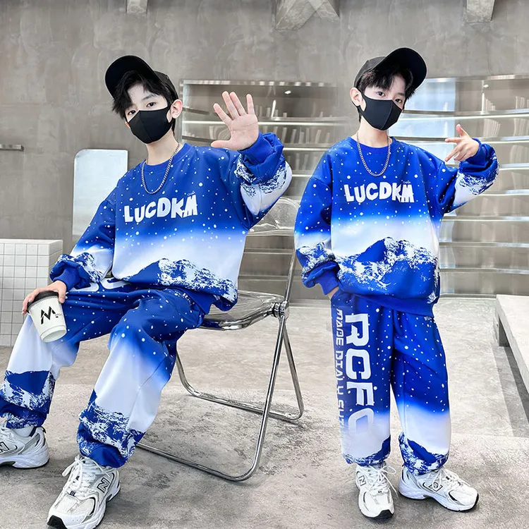 中大童男孩渐变卫衣套装男童新款休闲帅气上衣长裤潮流运动春秋装