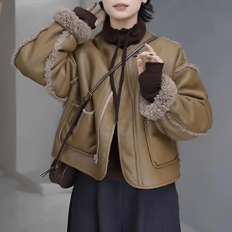 冬季皮毛拼接一体圆领拉链两面穿保暖休闲外套