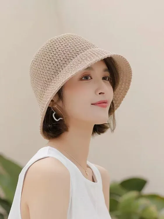 夏天镂空渔夫帽子假发女短发夏天薄款透气可拆卸时尚百搭光头防晒