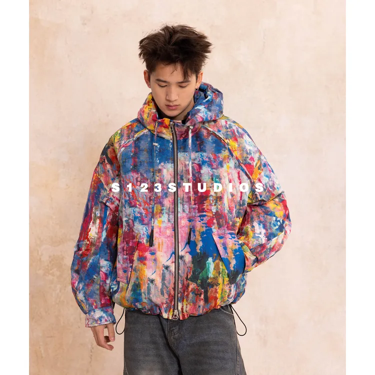 90白鸭绒 高级感泼墨油画迷彩连帽羽绒服男保暖棉衣外套上衣