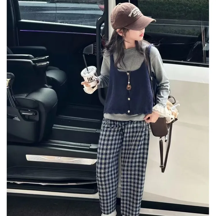 女童春秋款套装2025新款女大童洋气时髦儿童秋装打底衫马甲三件套